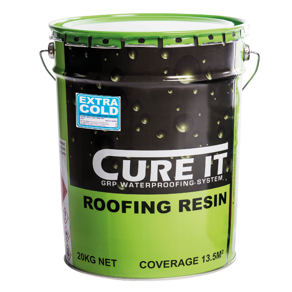 Cure It Extra Cold Roofing Resin specially formulated to use in low temperatures. Used to form the GRP laminate with the reinforcement mat.