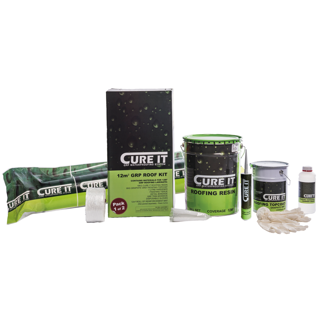 The Cure It GRP roof kit includes all of the laminating materials you need for a 10-12m2 Cure It GRP laminate