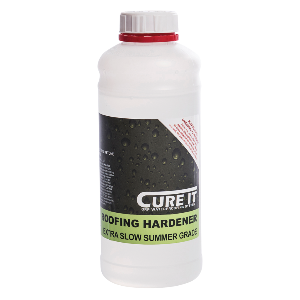 Cure It Roofing Hardener is added to roofing resin and topcoat. MUST BE USED TO CURE ROOFING RESIN AND TOPCOAT. Extra Slow Summer Grade for warm temperatures.