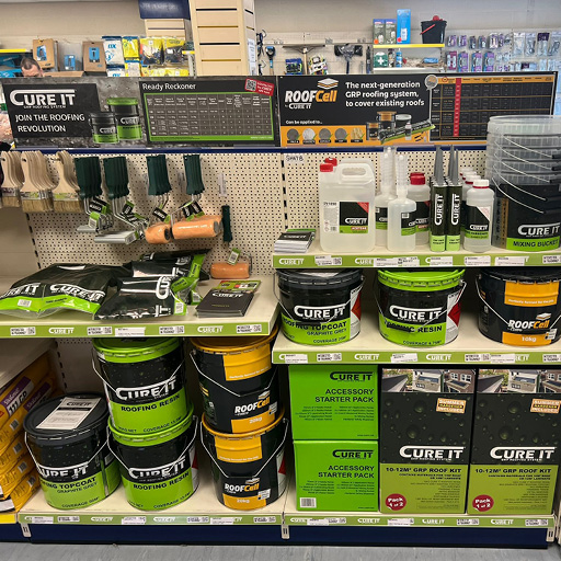 Cure It Roofing Products on shelf in branch