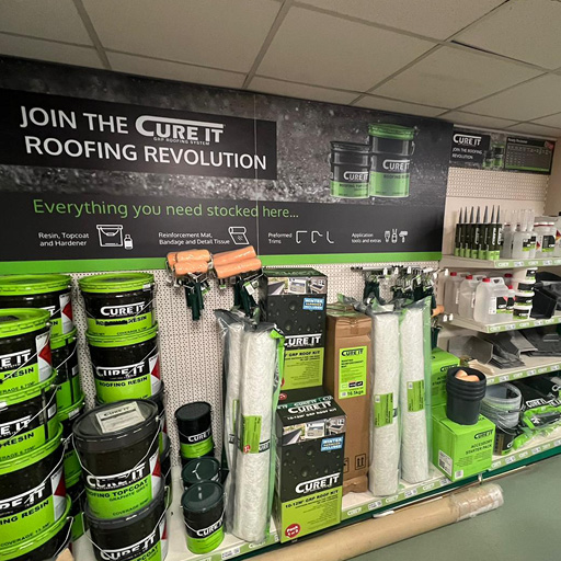 Cure It Roofing products on display in a stockist