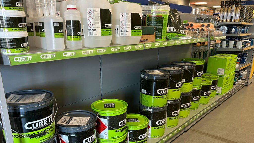 Cure It Roofing Products on a shelf